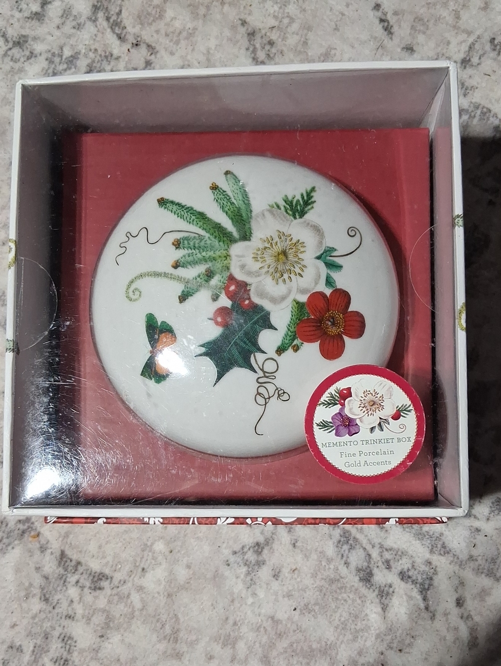 Fringe Studio Porcelain Holiday Trinket Box - White, Green, Red, Gold Accents